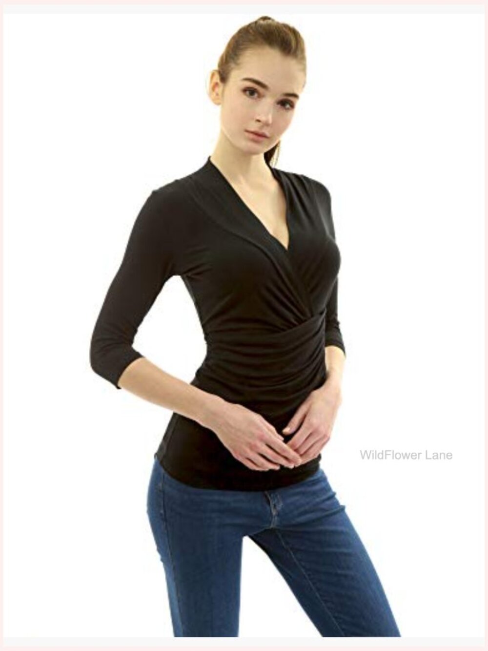 Women 3/4 Sleeve V-Neck Twist Front Pleated Blouse - Picture 5 of 7